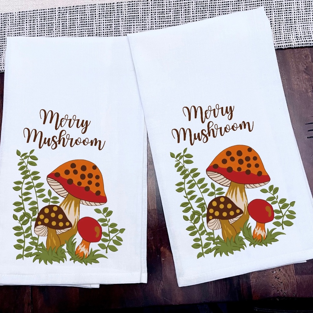 Kitchen Towels Merry Mushroom Themed Ink on 100% Cotton 28x28 Set of 2